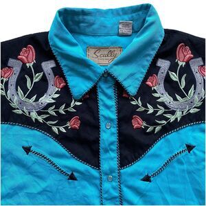 Scully Women's Large Western Shirt Embroidered Horseshoe Rose Rayon Cowgirl